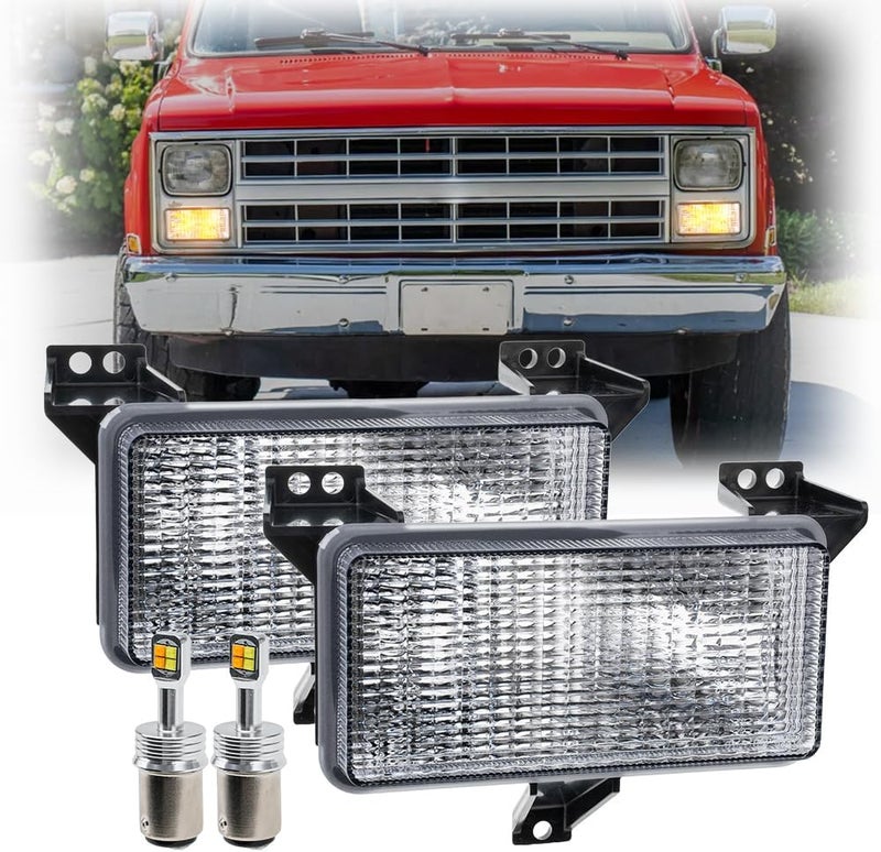 Mingrui test OEM Front Turn Signal Lights for 83-86 Chevy C/K C10 C20 C30 K10 K20 K30 GMC C1500 K1500 Amber Bumper Signal & White Parking Light Corner Marker OEM# 915908 GM2520122 Clear Lens With 2Pcs Led Bulbs - Image 1